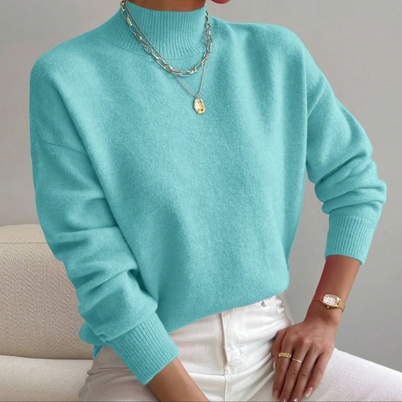 Sweaters - Casual Solid-Colored Stand Collar Drop Shoulder Long Sleeve Sweate